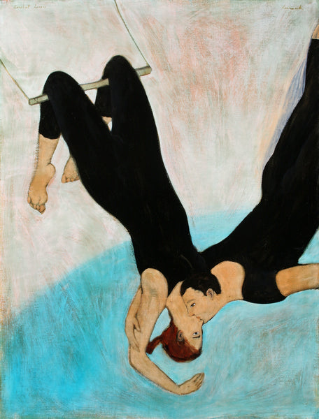 Acrobat lovers in black each swinging on a trapeze and kissing mid air.Turquoise and pale pink back.
