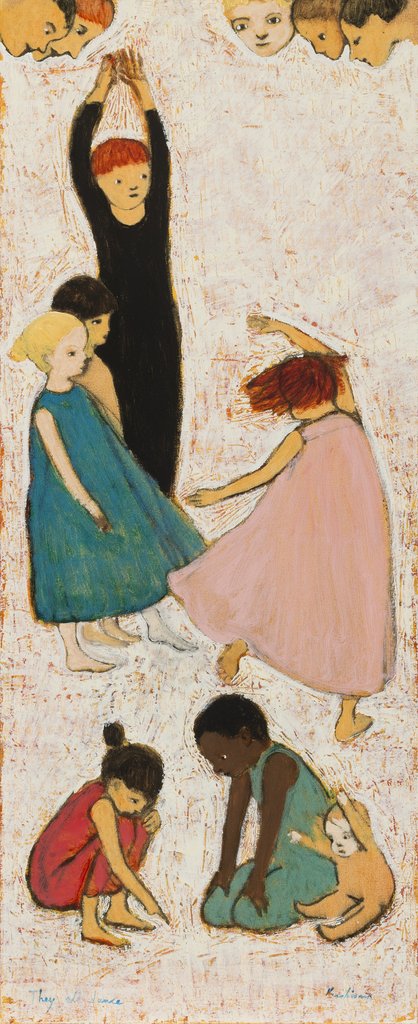 Open edition poster of an original oil painting They All Dance by contemporary artist Brian Kershisnik. Children dance freely while angels watch over them.