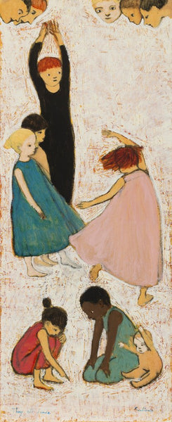 Open edition poster of an original oil painting They All Dance by contemporary artist Brian Kershisnik. Children dance freely while angels watch over them.