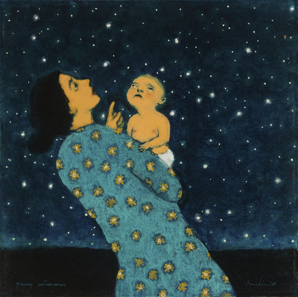 Young Astronomer poster by contemporary artist Brian Kershisnik. A young mother in a turquoise dress with stars on it holds her baby and both gaze up into the heavens on a dark night.