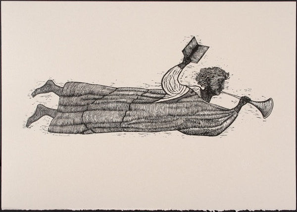 Relief print Angel by contemporary figurative artist Brian Kershisnik. Angel flying through the air blowing a trump and holding a book.