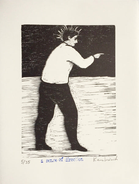 Limited edition signed woodcut print A Sense of Direction by contemporary artist Brian Kershisnik. A man in a white shirt and black pants points the direction he is going. He has a spiked halo against a black sky and white ground with black lines.