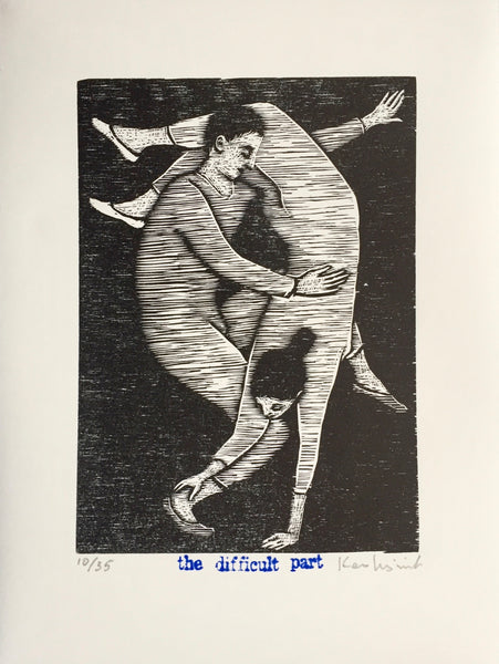 Limited edition signed woodcut print The Difficult Part by contemporary figurative artist Brian Kershisnik.