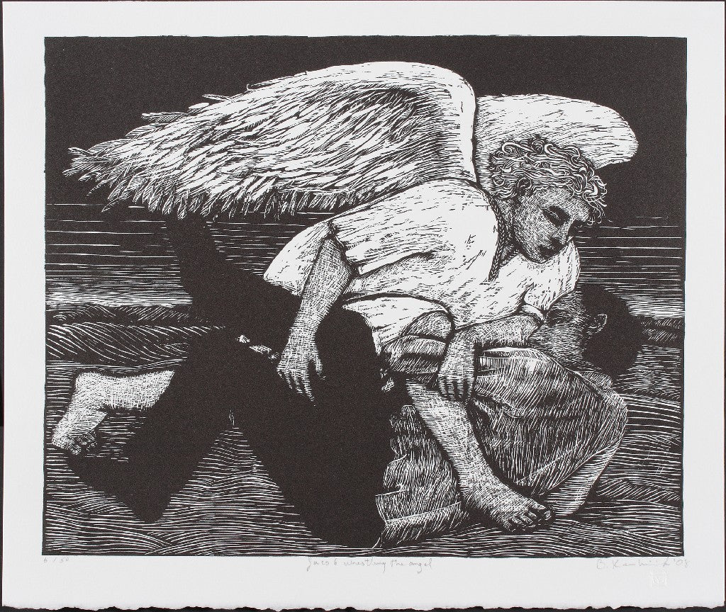 Signed Limited edition relief print Jacob Wrestling the Angel by contemporary artist Brian Kershisnik.The angel has Jacob in a strong hold.