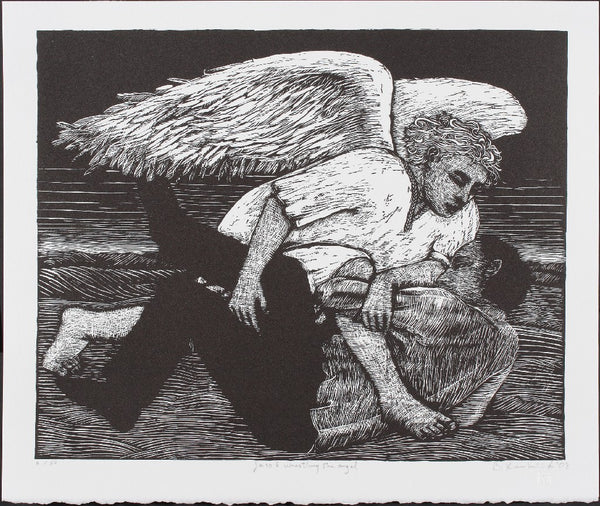 Signed Limited edition relief print Jacob Wrestling the Angel by contemporary artist Brian Kershisnik.The angel has Jacob in a strong hold.