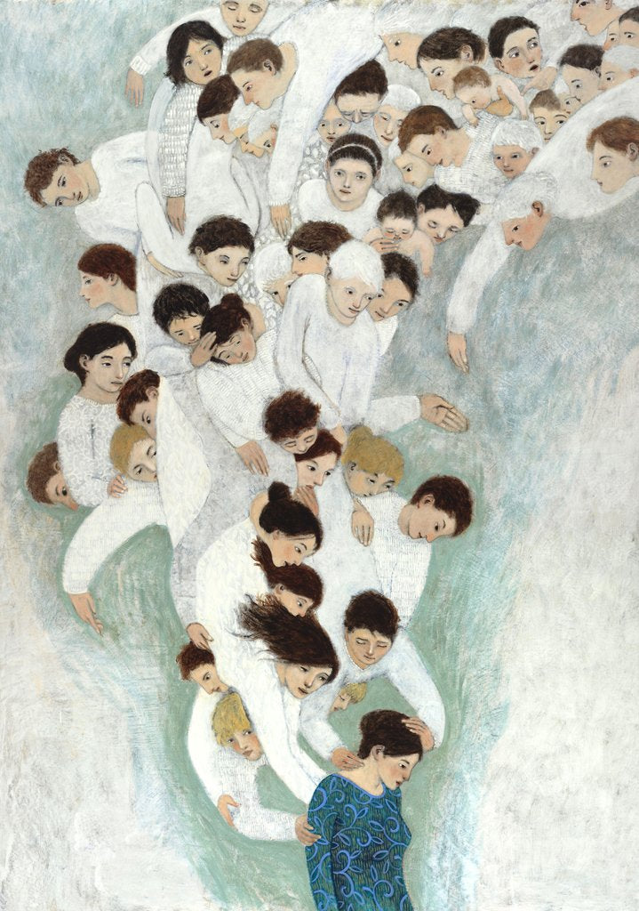 Open edition poster of an original oil painting She Will find What is Lost by contemporary figurative artist Brian Kershisnik. A dark haired woman in a turquoise and blue and green dress with a bowed head is attended by a swarm of angels of every age, sex, and size dressed in white