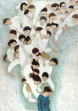 Open edition poster of an original oil painting She Will find What is Lost by contemporary figurative artist Brian Kershisnik. A dark haired woman in a turquoise and blue and green dress with a bowed head is attended by a swarm of angels of every age, sex, and size dressed in white