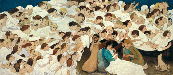 Canvas giclee pigment print of an original oil painting the Nativity by contemporary artist Brian Kershisnik. A swam of angels watch look down on the scene of the new born baby Jesus and his parents. A mother dog and her pups watch the angels.