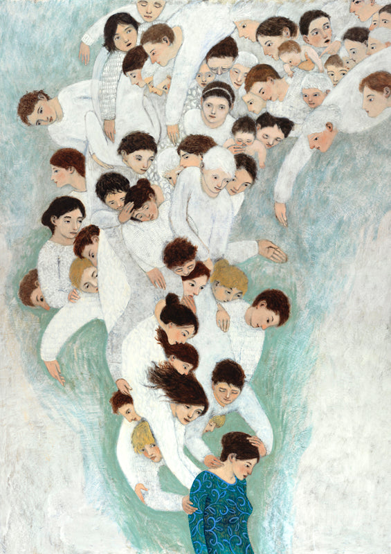 Open edition canvas giclee of an original oil painting She Will find What is Lost by contemporary figurative artist Brian Kershisnik. A dark haired woman in a turquoise and blue and green dress with a bowed head is attended by a swarm of angels of every age, sex, and size dressed in white