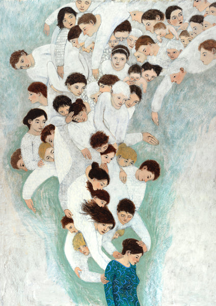 Open edition canvas giclee of an original oil painting She Will find What is Lost by contemporary figurative artist Brian Kershisnik. A dark haired woman in a turquoise and blue and green dress with a bowed head is attended by a swarm of angels of every age, sex, and size dressed in white