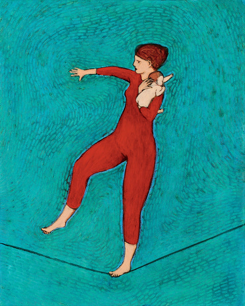 Giclee print of an original oil painting Mom Trick by contemporary artist Brian Kershisnik.A red headed mother in a red leotard and tight holding tight her red headed baby she is balancing as walks on a tightrope against a turquoise backdrop.