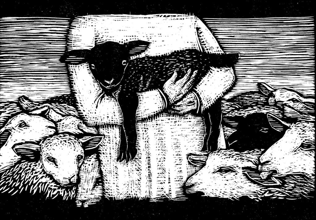 Black and white woodcut of a black sheep held in the arms of a white robed figure.