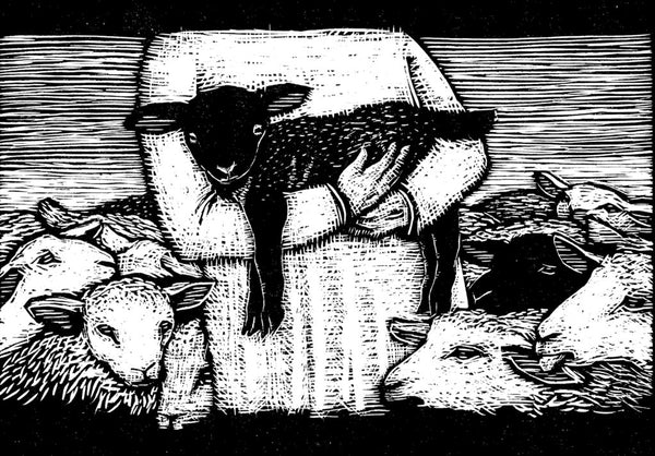 Black and white woodcut of a black sheep held in the arms of a white robed figure.