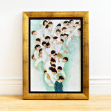 Open edition framed giclee of an original oil painting She Will find What is Lost by contemporary figurative artist Brian Kershisnik. A dark haired woman in a turquoise and blue and green dress with a bowed head is attended by a swarm of angels of every age, sex, and size dressed in white
