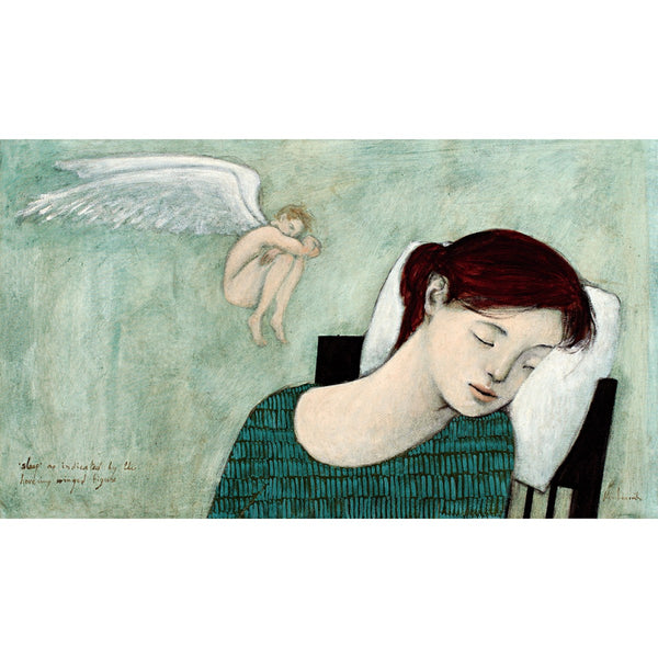 Giclee print of an original oil painting Sleep by contemporary artist Brian Kershisnik.A brunette young lady in a green and black triangle patterned dress sleeps with a pillow behind her head and a sleeping winged fairy hovers by her against a turquoise green background.