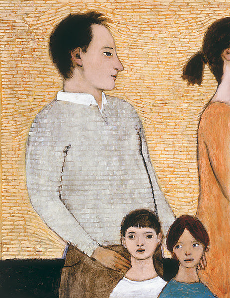 Giclee pigment print of an original oil painting Stay-at-Home-Dad by contemporary artist Brian Kershisnik. A husband in gray stays with two children and the mom in rusty orange dress is stepping out against an orange and white tiled background.