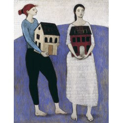 Giclee pigment print of an original oil painting Women Carrying Houses by contemporary artist Brian Kershisnik. Two women one wearing a white dress and the other wearing black pants and and blue top. Each holds a house while standing on a small purple blue hill.