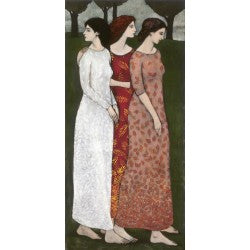 Giclee print of an original oil painting Fall Coming Like Three Sisters II by contemporary figurative artist Brian Kershisnik. Three sisters walk together in long leaf print dresses.
