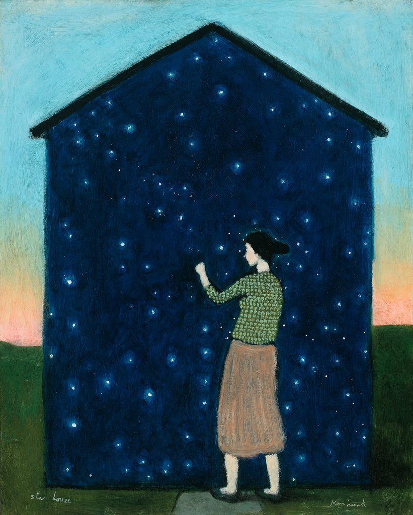 A dark haired woman in a green patterned top and brownish skirt knocks on a house covered with a deep blue sky and stars on green grass. 