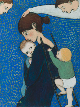 Poster of an original oil painting Climbing Mother by contemporary figurative artist Brian Kershisnik. A mother in a black dress holds her baby tight while another climbs a ladder leaned against her back against a blue and green tiled backdrop with angel in each top corner.
