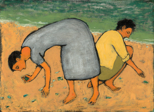 One woman with a blue dress and one with a yellow shirt and green skirt picking up glass on the beach.