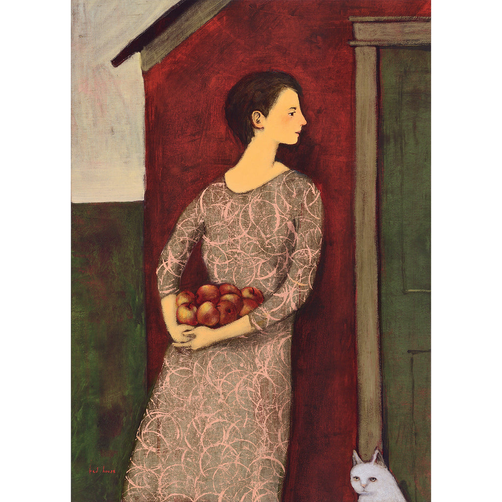 A woman with a beautiful pink and green-gray dress holding apples and leaning against a red house with green door and a white cat in the corner of the painting.