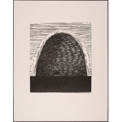 Relief print Beehive by contemporary artist Brian Kershisnik. Old fashioned woven beehive.
