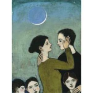Giclee pigment print of an original oil painting Choosing Everything by contemporary figurative artist Brian Kershisnik. A mother and father hold each other and look into the others eye while three children look on with a slivered moon background.