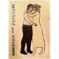 Original woodcut print with hand colored detail Concordia Inter Populum by contemporary figurative artist Brian Kershisnik. Lovers embrace and kiss against a hand colored light background with the title painted in blue on the side.