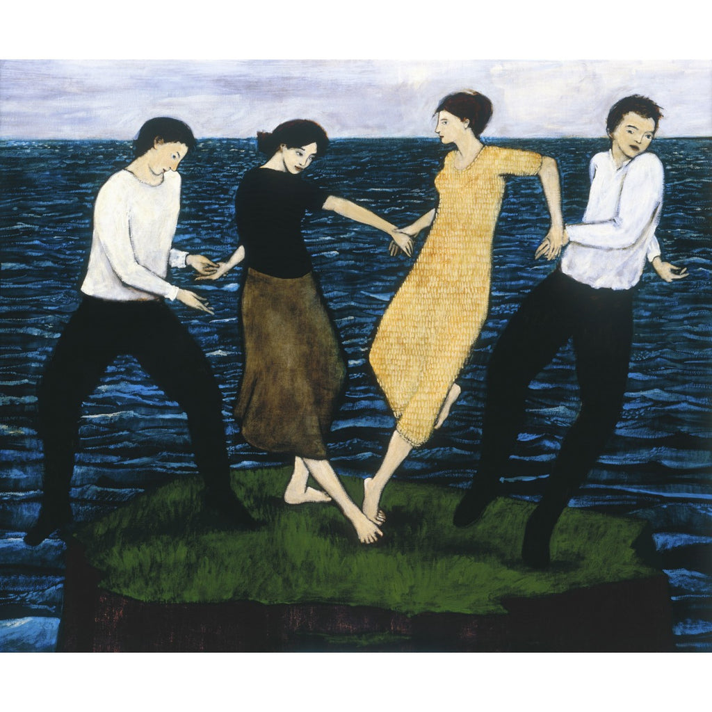 Giclee pigment print of an original oil painting Dancing on a Very Small Island by contemporary artist Brian Kershisnik. Two men and two women dance on a tiny island. 