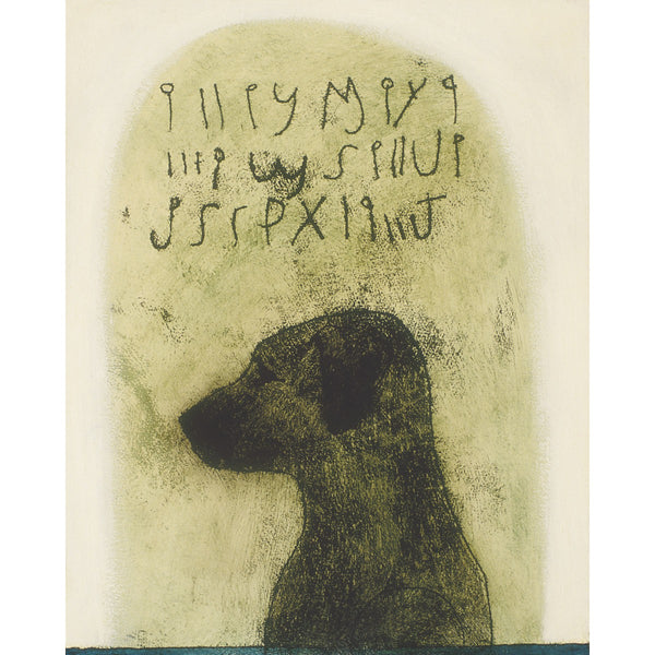 Giclee pigment print of an original oil painting Dog Code by contemporary figurative artist Brian Kershisnik. Black lab silhouetted against a green background with dog language written above.
