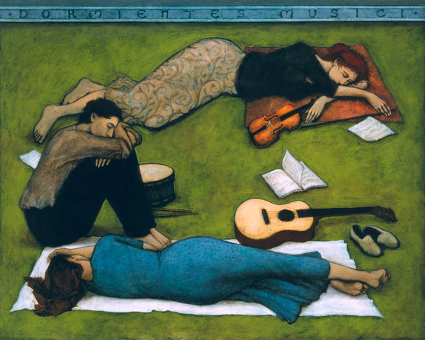 Three weary musicians on the grass, two women and one man with their instruments by their sides. The title is written in black on a turquoise blue border on the top.