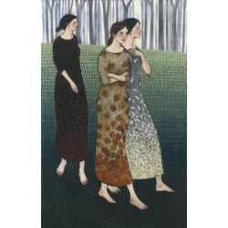 Giclee print of an original oil painting Fall Coming Like Three Sisters by contemporary figurative artist Brian Kershisnik. Three sisters dressed in leaf patterned long dresses walk together on lush green grass with dark leafless trees in the background.