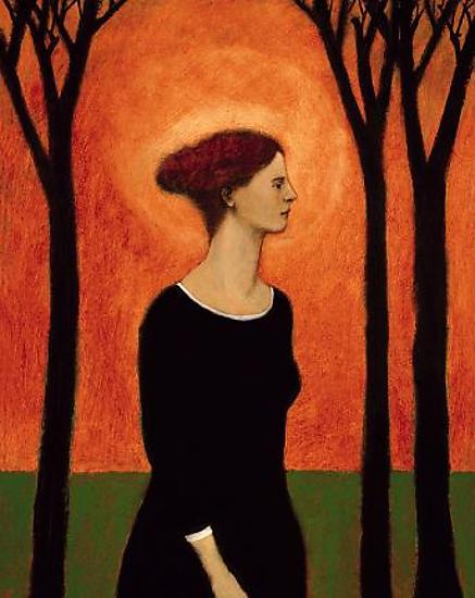 Giclee pigment print of an original oil painting Holy Woman by contemporary figurative artist Brian Kershisnik. A woman in a black dress with red hear stands against black barren trees silhouetted agains an orang sky. She stands on green grass and light radiates around her head.