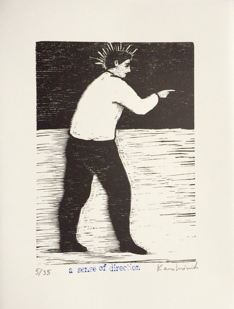 Limited edition signed woodcut print A Sense of Direction by contemporary artist Brian Kershisnik. A man in a white shirt and black pants points the direction he is going. He has a spiked halo against a black sky and white ground with black lines. 