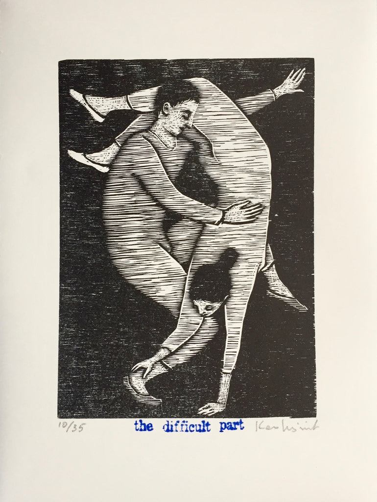 Limited edition signed woodcut print The Difficult Part by contemporary figurative artist Brian Kershisnik. 