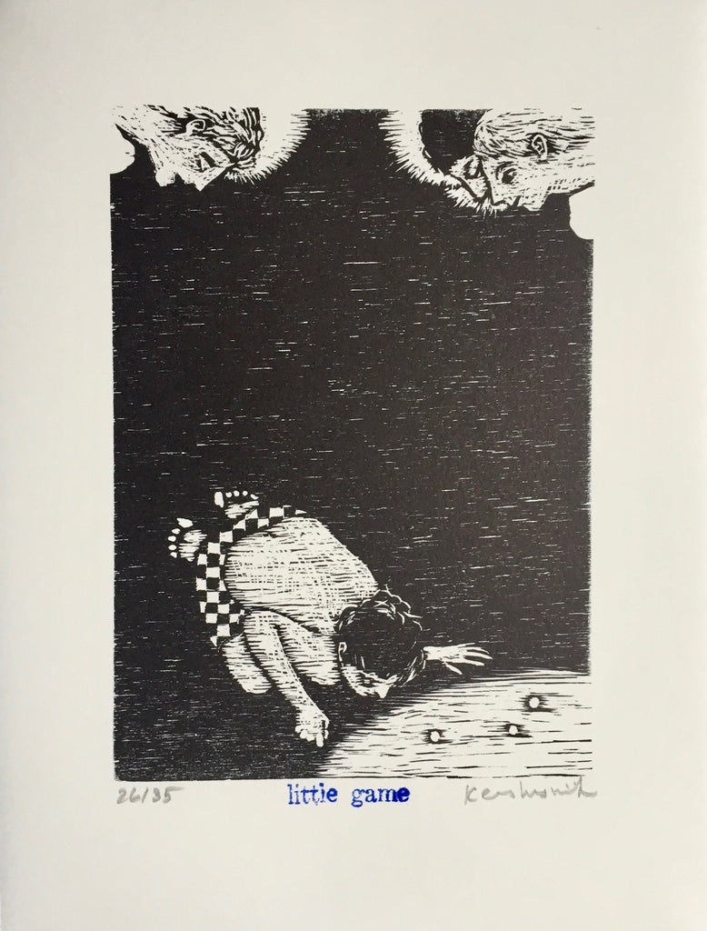 Signed and numbered limited edition woodcut Little Game by contemporary artist Brian Kershisnik. A young boy with black and white checkered short and without a shirt bent over playing a game of marbles with angels looking on in the corners.
