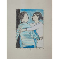 Mixed-media original drawing Love Surprise Study by contemporary artist Brian Kershisnik. A couple in loose embrace looking at each other. Hand colored in turquoise over black drawn drawing.