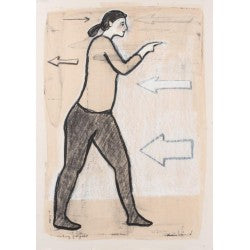Mixed-media original drawing Making Progress by contemporary artist Brian Kershisnik. A woman points the way she wants to go and white arrow point at her. Handcolored background aa woman in black trousers.