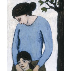 Giclee pigment print of an original oil painting Mother and Child by contemporary artist Brian Kershisnik. A mother in blue top places her hands on a childs shoulders against a white backdrop with a tree.