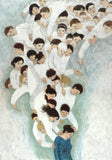 Open edition poster of an original oil painting She Will find What is Lost by contemporary figurative artist Brian Kershisnik. A dark haired woman in a turquoise and blue and green dress with a bowed head is attended by a swarm of angels of every age, sex, and size dressed in white 