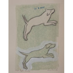 Mixed-media original drawing Two Dogs Study by contemporary artist Brian Kershisnik. Two dogs frolic hand colored light green.
