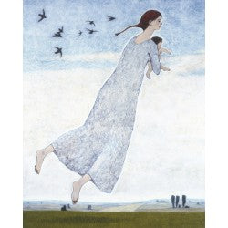 Giclee pigment print of an original oil painting Woman with Infant Flying by contemporary artist Brian Kershisnik. A young mother in a light blue gray dress holding her wee baby as they fly with the beautiful landscape and sky in the background.