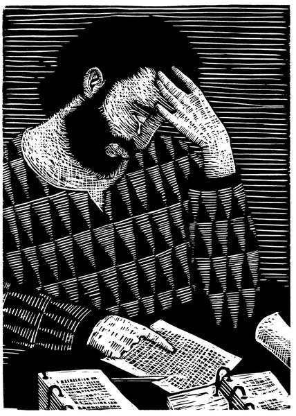 Black and White woodcut of a man with his hand on his forehead crying over pages. 