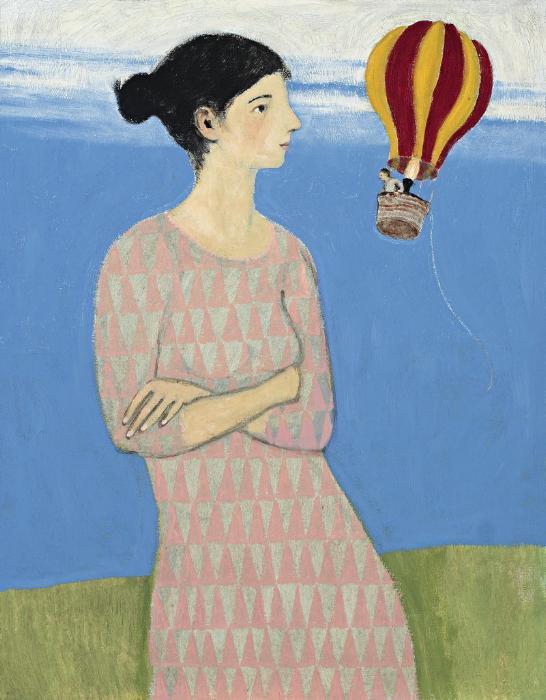 Giclee print of an original oil painting A Very Big Woman by contemporary artist Brian Kershisnik. A larger than life woman in a pink and grey triangle patterned dress with dark hair in a bun looks into a small orange and yellow hot air ballon with a tiny man. 