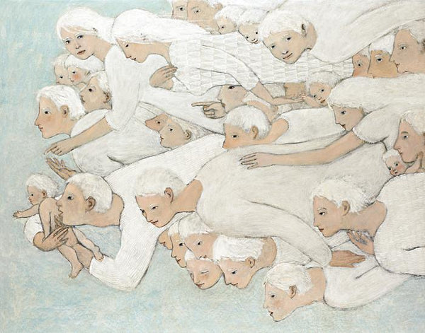 Open edition poster of an original oil painting Angels by contemporary artist Brian Kershisnik. A swam of angels young and old fly together clothed in white against a pale turquoise background. The lead angel carries a baby.