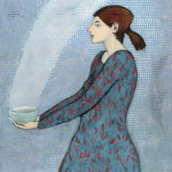 Giclee print of an original oil painting Bringing Food by contemporary artist Brian Kershisnik.A woman with auburn hair pulled back carries a turquoise bowl with steam coming out of it. She is wearing a dark turquoise blue dress with red vines and stands against lighter blue turquoise wall.