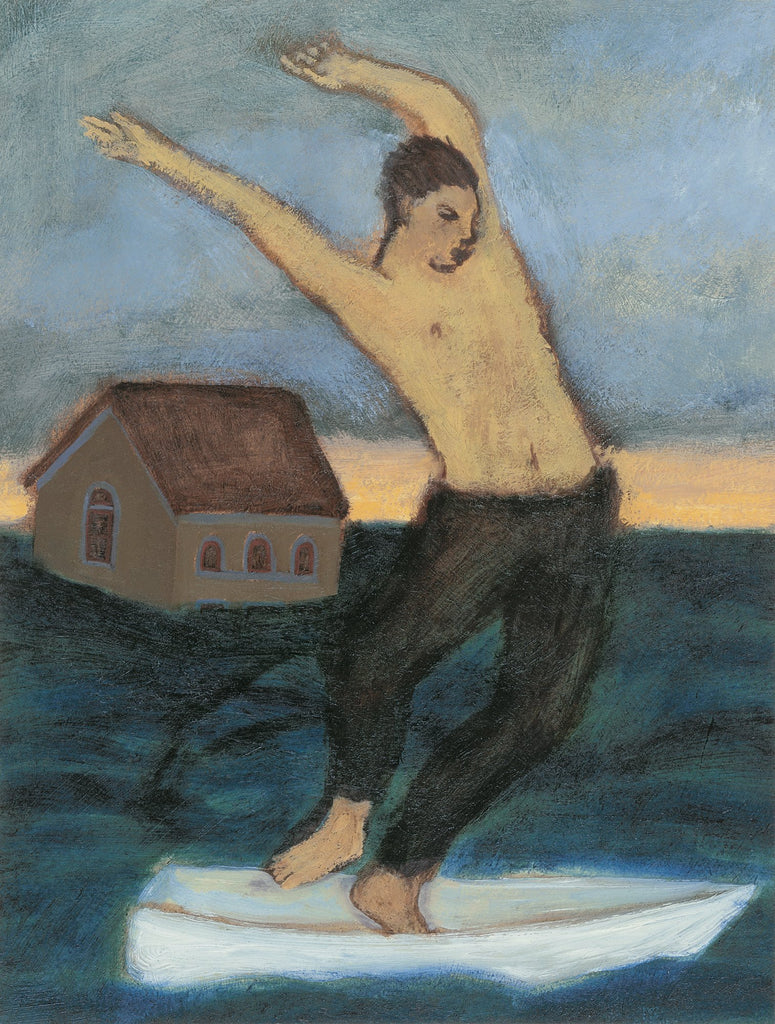 Giclee pigment print of an original oil painting Dances Through Disaster by contemporary artist Brian Kershisnik. A man dances in a white boat while the flood rises and one house floats away.