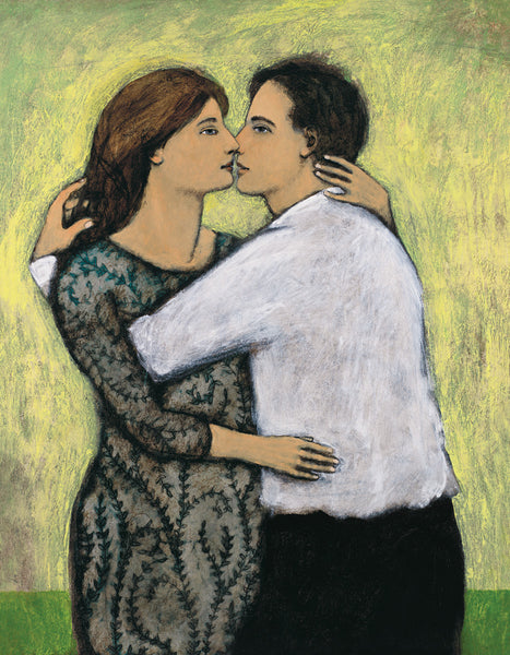 Giclee print of an original oil painting Lovers by contemporary figurative artist Brian Kershisnik. A dark haired man in a white shirt and black pants embraces a brunette woman in a green dress with black vines against a yellow and green background.