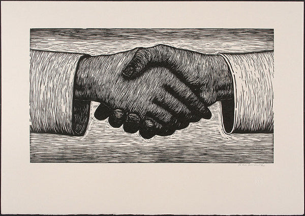 Relief print Handshake by contemporary figurative artist Brian Kershisnik. Two hands are shaking as if in an agreement.